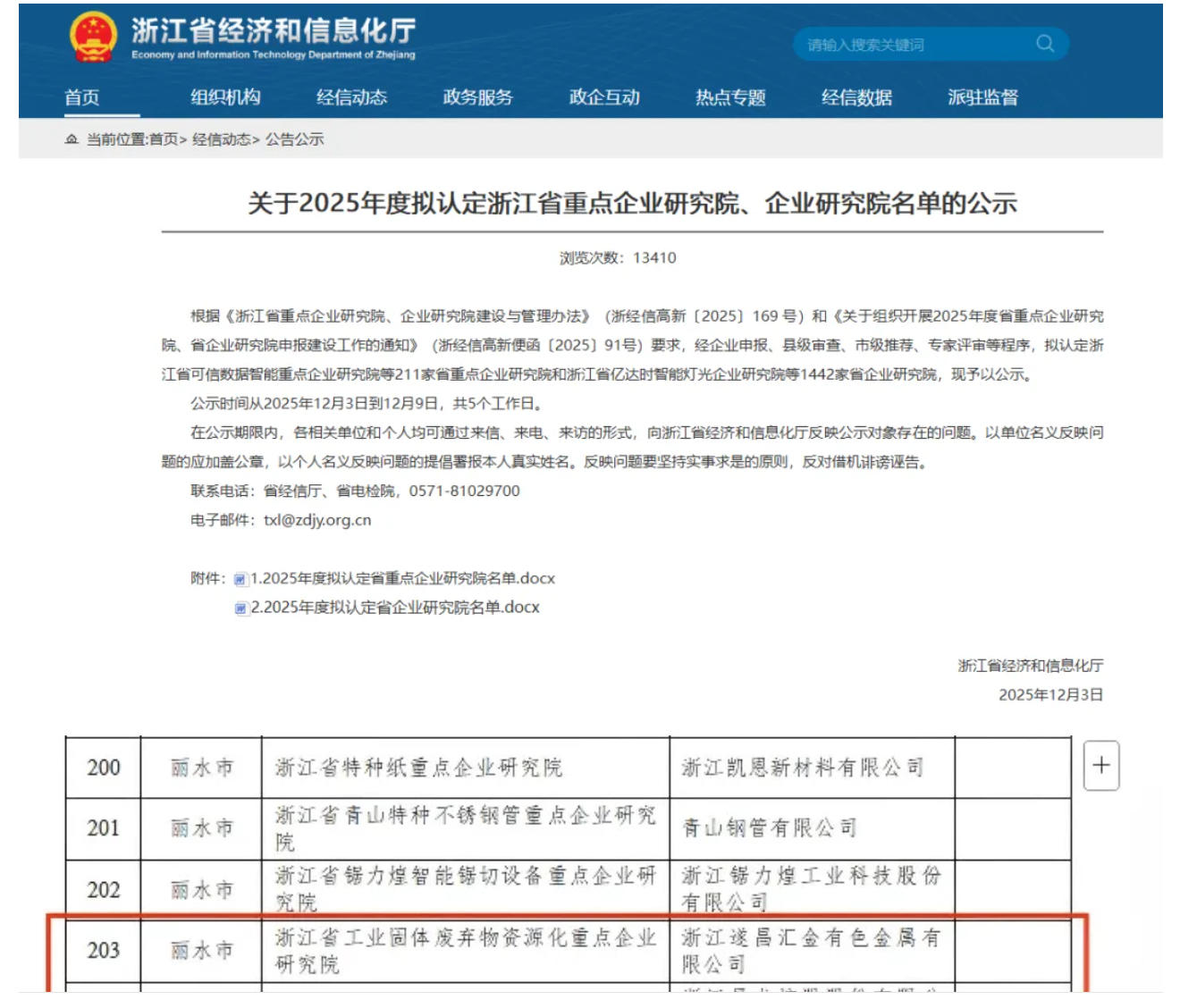 遂昌汇金入选浙江省2025年度省级沉点企业钻研院拟认定名单